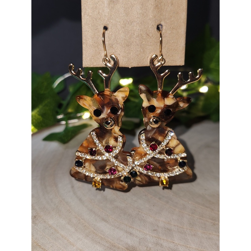 INC Christmas Reindeer Drop Earrings Gold Tone Jeweled Stone Holiday Dangle